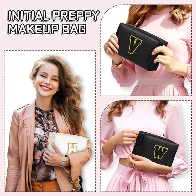 TOPEAST Personalized Makeup Bag, Chenille Letter Pouch Cosmetic Bag w Zipper, PU Leather Waterproof Toiletry Bag, Bridal Shower Gifts for Bridesmaids, Cute Stuff for Girls (Black P)