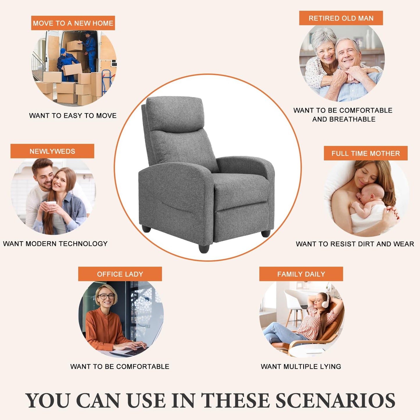 Sweetcrispy Massage Recliner Chair for Adults, Adjustable Home Theater Seating with Lumbar Support for Living Room, Modern Fabric Reclining, Cool Gray