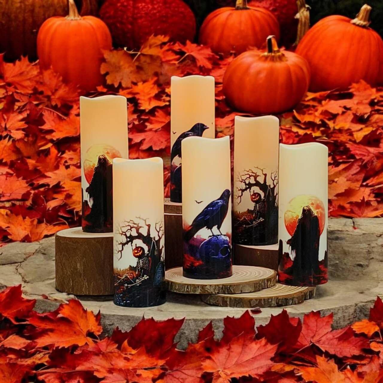 Halloween Flameless LED Candles, Set of 6, Gothic Design with Remote Control, 6 in x 2.15 in, 2AA Battery Operated 400+ Hours, Timer Function, Halloween Decorations in Fall, Indoor/Outdoor Ues.