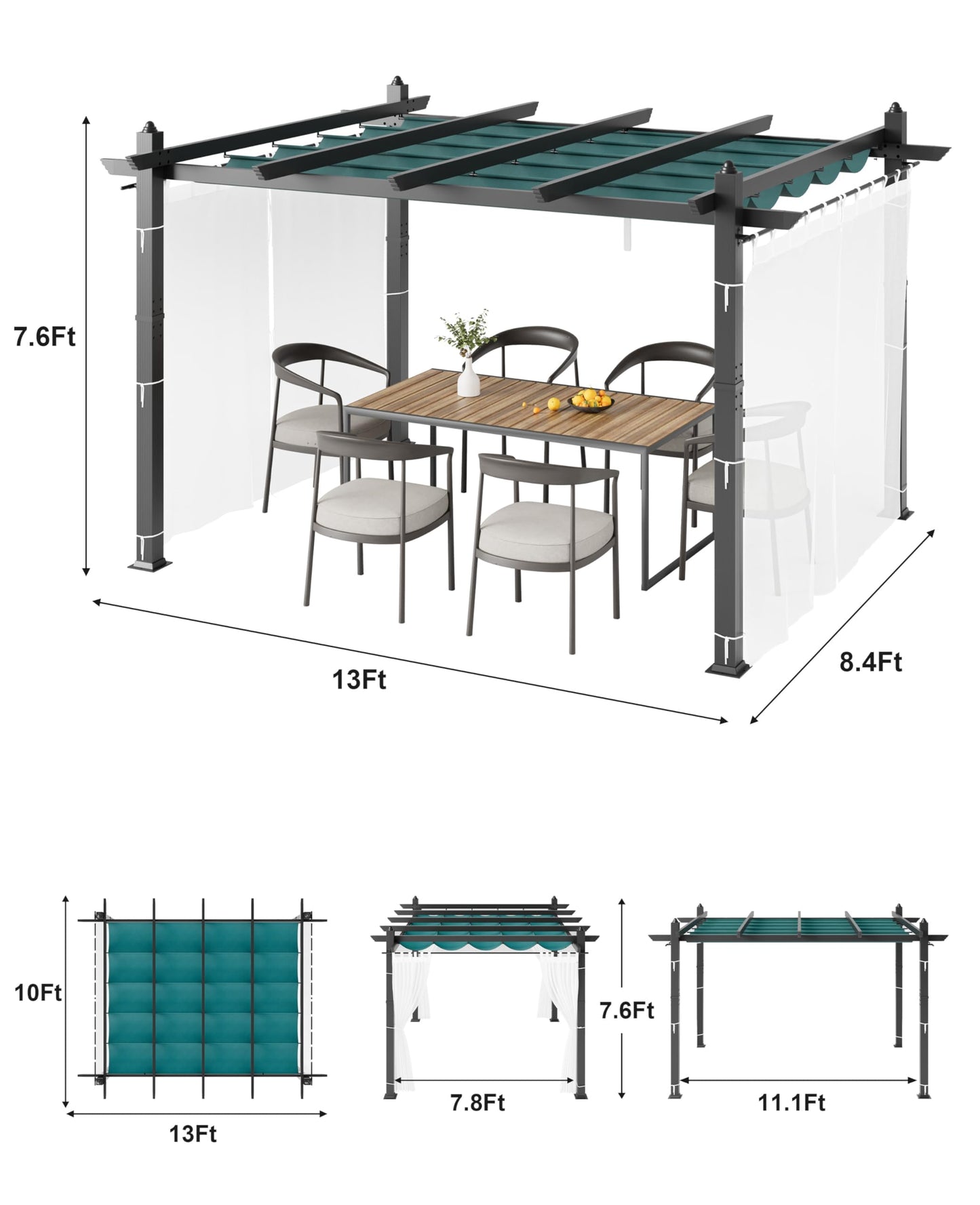 10x13 Ft Aluminum Pergola with Retractable Canopy and Netting, Modern Outdoor Patio Shade Shelter with Wood-Look Frame, Ideal for Backyard, Deck, or Porch