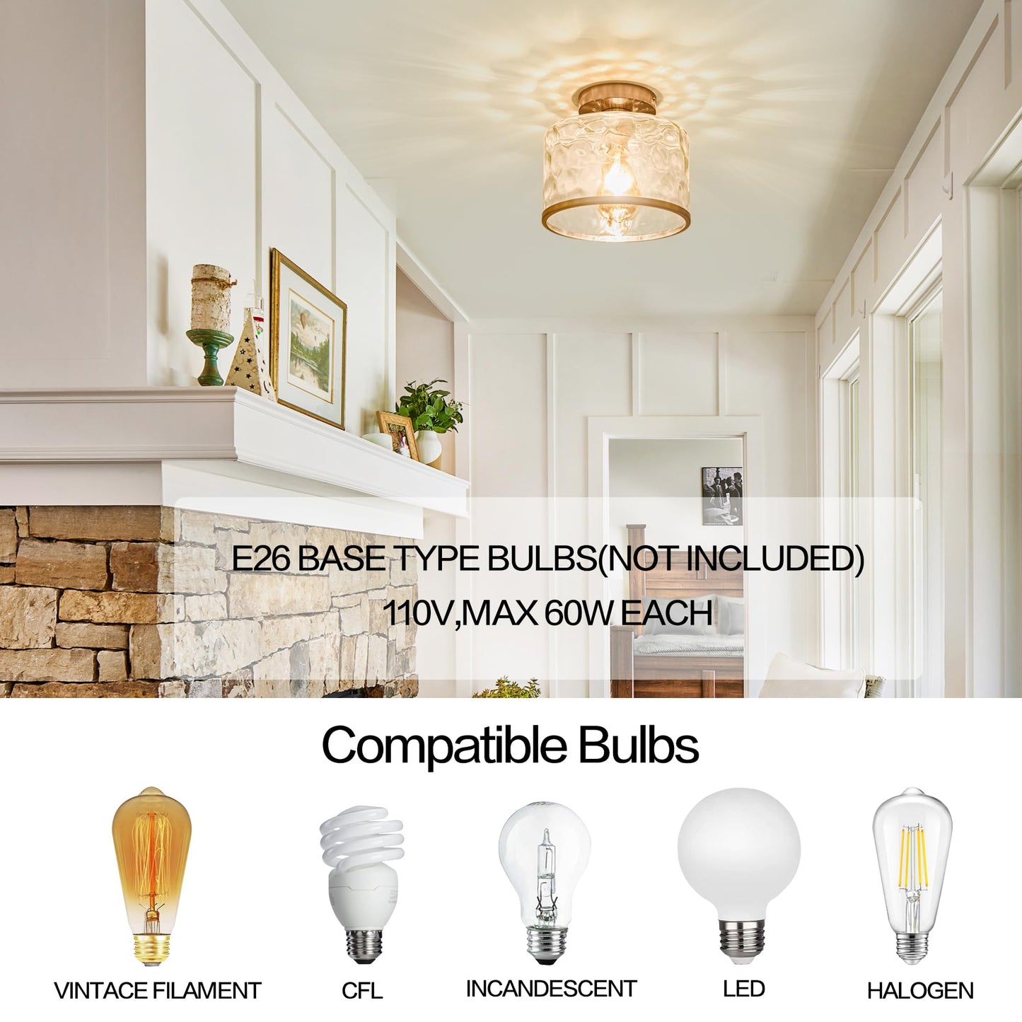 Zlepmlla Modern Semi Flush Mount Ceiling Light with Industrial Clear Hammered Glass Lampshade, Farmhouse Ceiling Lights fixtures in Satin Nickel for Hallway Kitchen Bathroom Bedroom