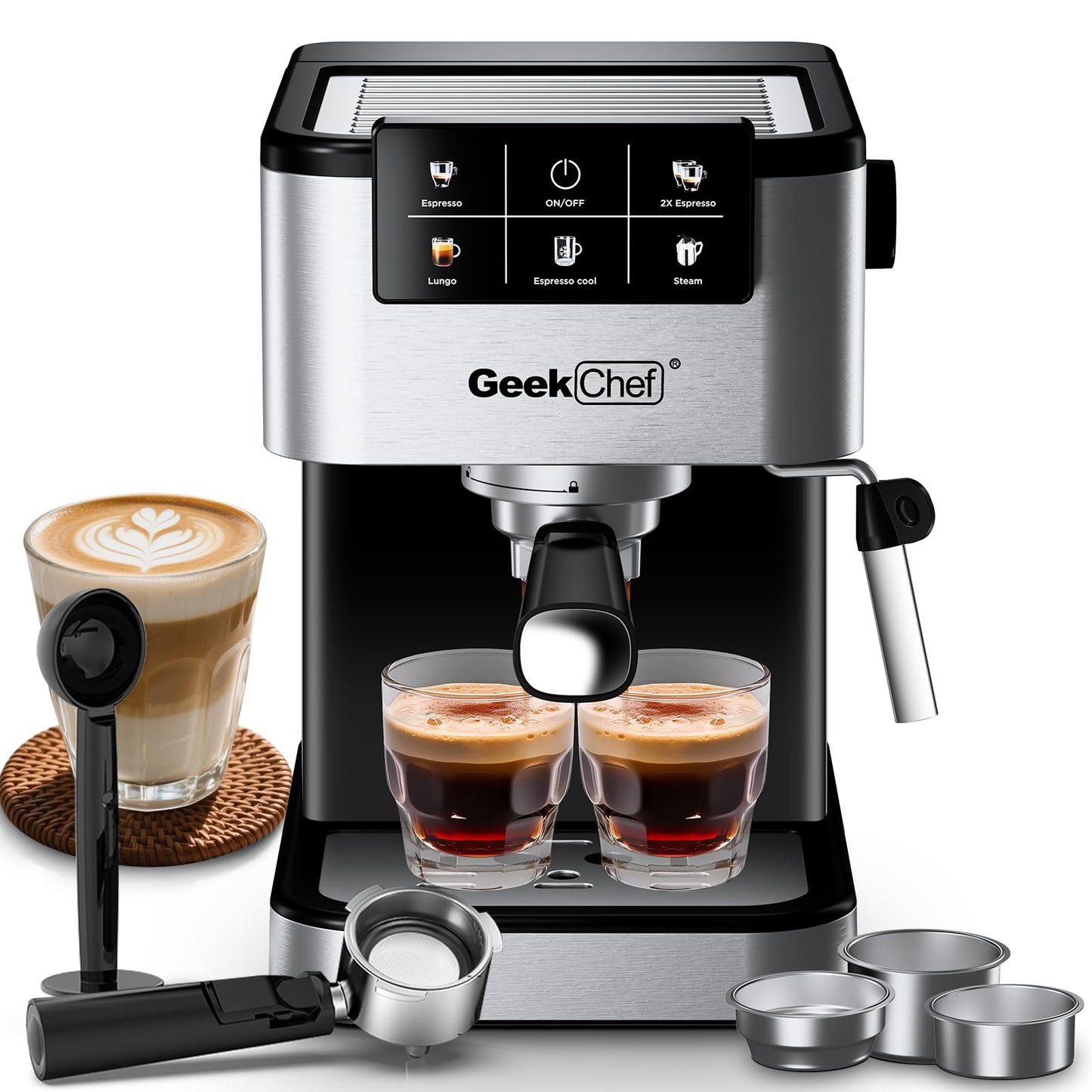 Geek Chef Espresso Machine, 20 Bar Espresso and Cappuccino Coffee Maker, Quick Heating Automatic, Latte & Cappuccino Creator, for Home, for Gift to Family, Friends, Coffee Shops