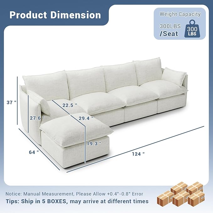 Lopzeho 124" Cloud Modular Sectional Sofa, Waterproof Down Filled Sectional Couch, High Backrest L Shaped 4 Seater Couch with Ottoman, Modern Modular Sofas with Removable Cover, Cream White
