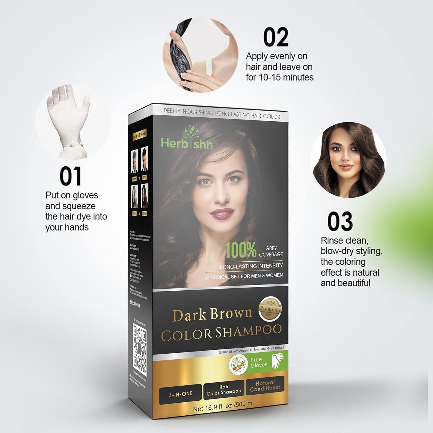 Hair Color Shampoo for Gray Hair, Dark Brown, 500ml with Color Stain Remover Wipes, Ammonia Free