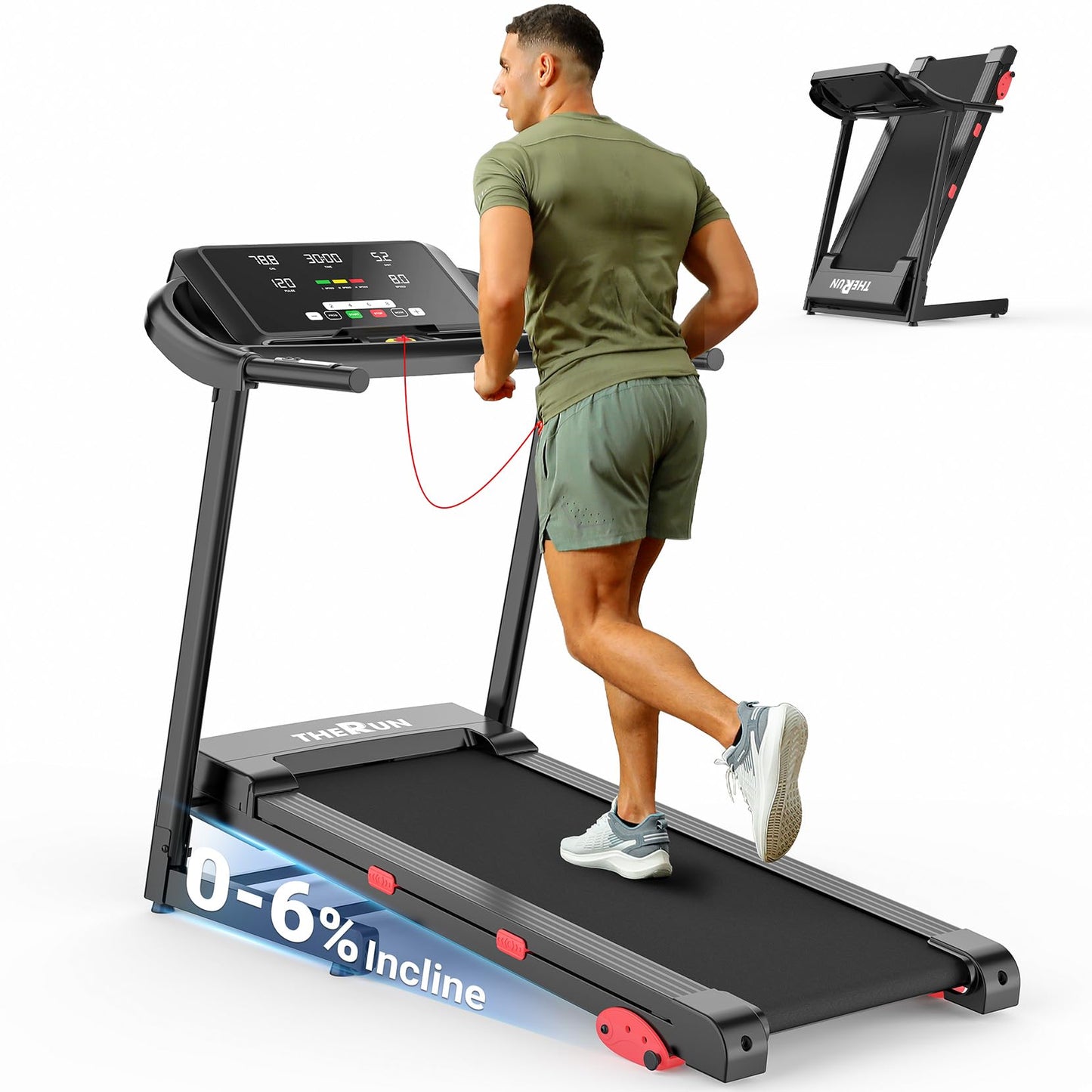 THERUN Treadmills for Home, Running Treadmill with Incline, Foldable Treadmills Heart Rate Sensors, 18″LED Display Manual Incline Adjustment, 3.0HP Treadmill for Indoor Fitness Workouts