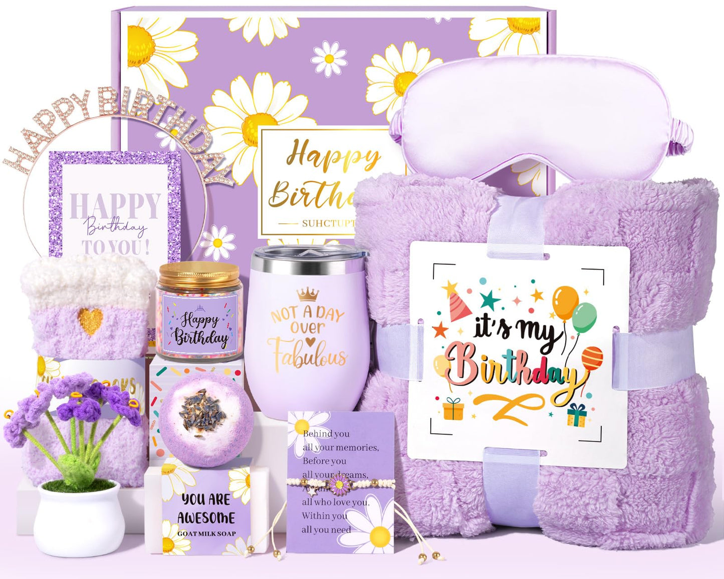 Birthday Gifts for Women, 12pcs Happy Birthday Gift Basket for Women Unique Gifts Set Ideas Relaxing Birthday Box w/ Blanket for Her Mom Best Friends Female Sister Her Friendship(Purple)