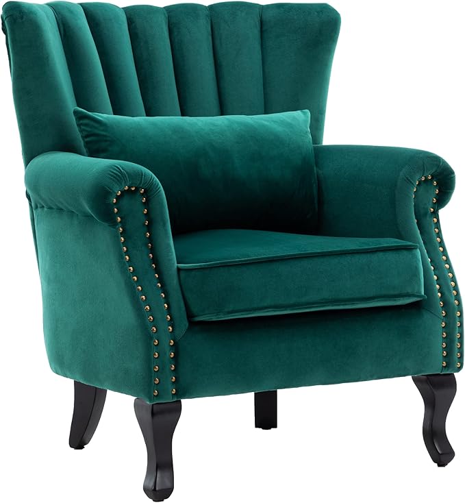 DM Furniture Mid Century Accent Chair Modern Tufted Wingback Armchairs Club Chair Velvet Fabric Single Sofa Lounge Chair with Pillow for Living Room, Green