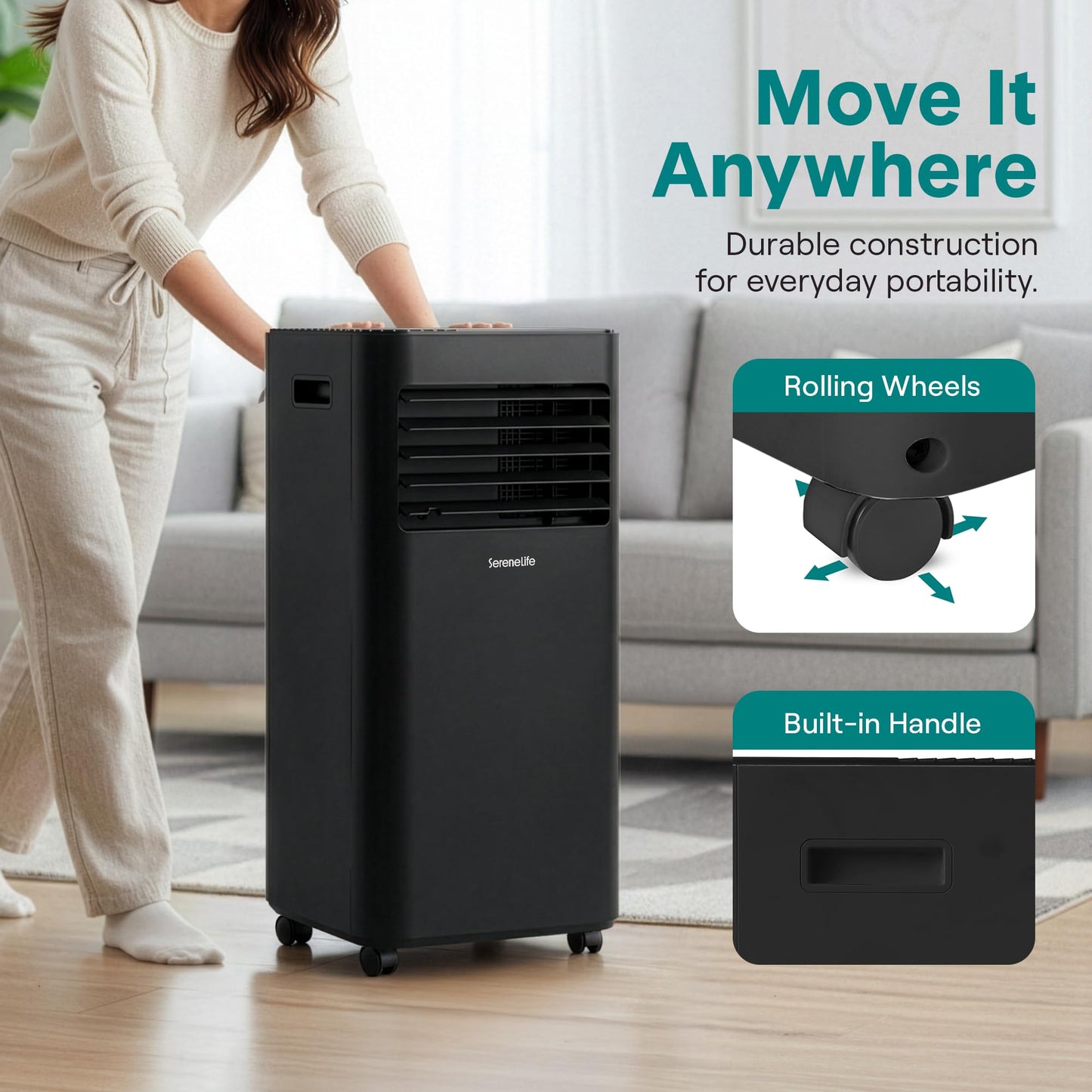 SereneLife Portable AC Unit 10000 BTU, 3-in-1 Cooling, Dehumidifier, Fan Modes, Compact Standing Air Conditioner, Energy Efficient 320 Sq. Ft. Climate Control, Universal Castors And Window Mount Kit