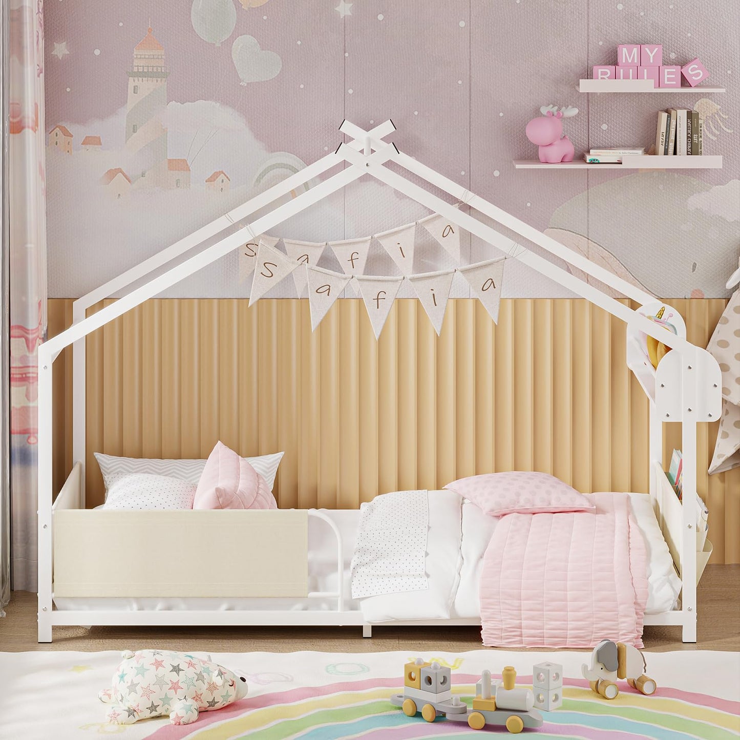 Timy House Shape Twin Size Montessori House Bed Metal Floor Bed with Storage Rack and Caddy Twin Bedframe for Kids No Box Spring Needed White