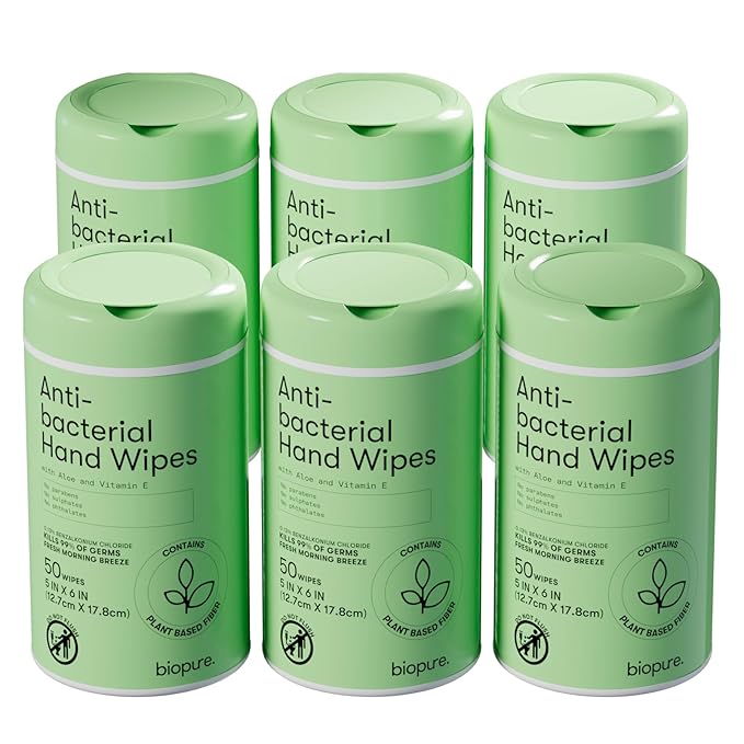 Biopure Antibacterial Hand Wipes Fresh Morning Breeze- Antibacterial Wipes with Aloe and Vitamin E Formula | 5"x7" Wet Wipes Canister | No Parabens, Sulfates or Phthalates, Kills 99% of Germs, 300 ct