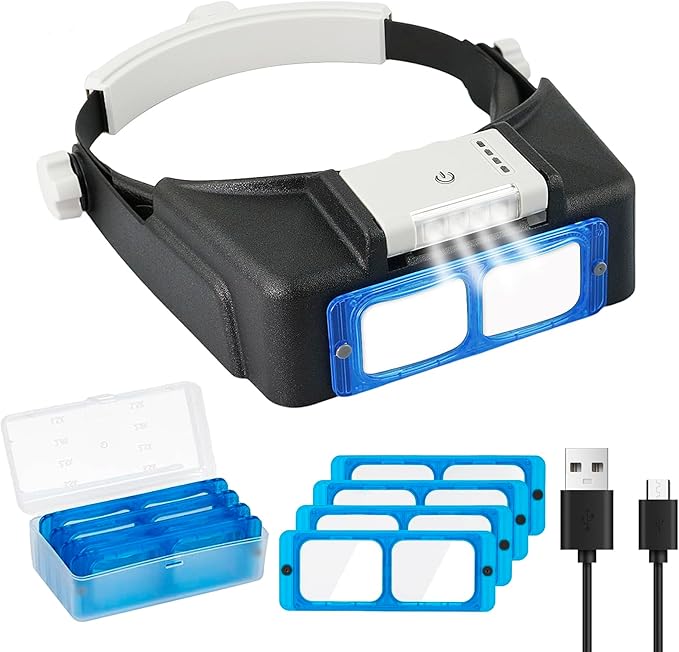 Beileshi Rechargeable Head-Mounted Magnifier with LED Light, Headband Double Lens Illuminated Reading Magnifier Loupe Jewe...