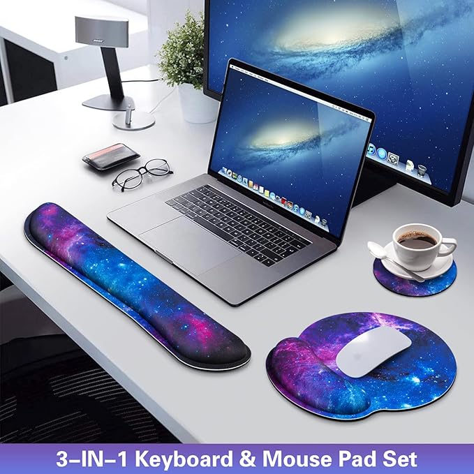Desk Pad Galaxy, Mouse Pad with Wrist Rest Set, 3-in-1 Wrist Support Mousepad Set, Gaming Mat Pad with Anti-Skid Base,Ergonomic Memory Foam Keyboard Gel Wrist Rest, Office Desk Accessories