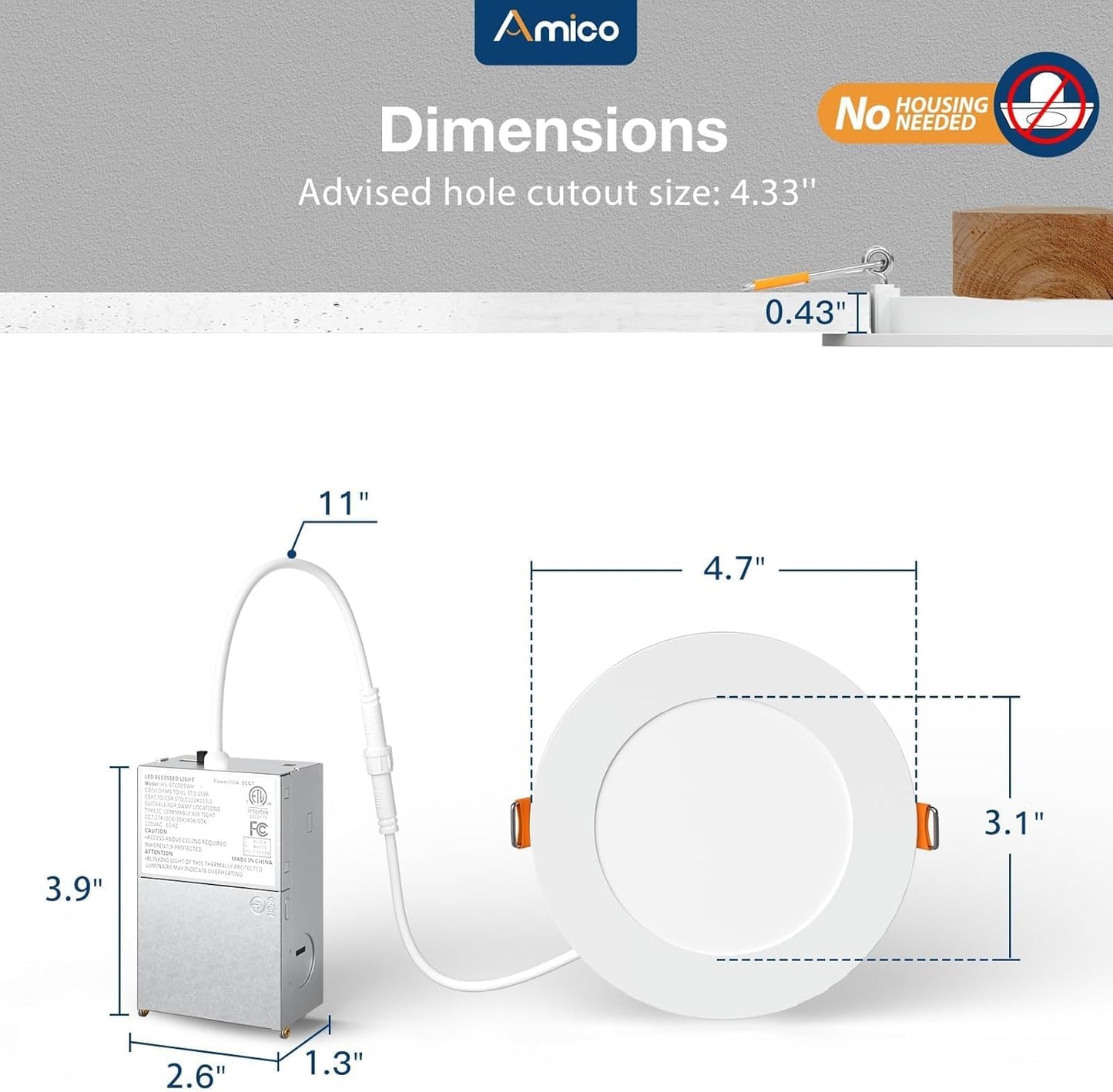 Amico 48 Pack 4 Inch 5CCT Ultra-Thin LED Recessed Dimmable Ceiling Light with Junction Box, 2700K/3000K/3500K/4000K/5000K Selectable, 10W Eqv 60W, 800 Lumens, High Brightness Downlight - ETL&FCC