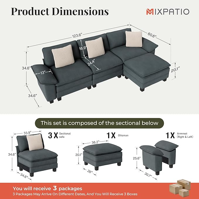 MIXPATIO 123-Inch L Shaped Sectional Sofa with Cloud Cushions, Deep Seat Modular Couch Set w/ 4 Seats & 1 Ottomans, Removable Arms, Plush Chenille Upholstery for Living Room, Apartment - Cyan