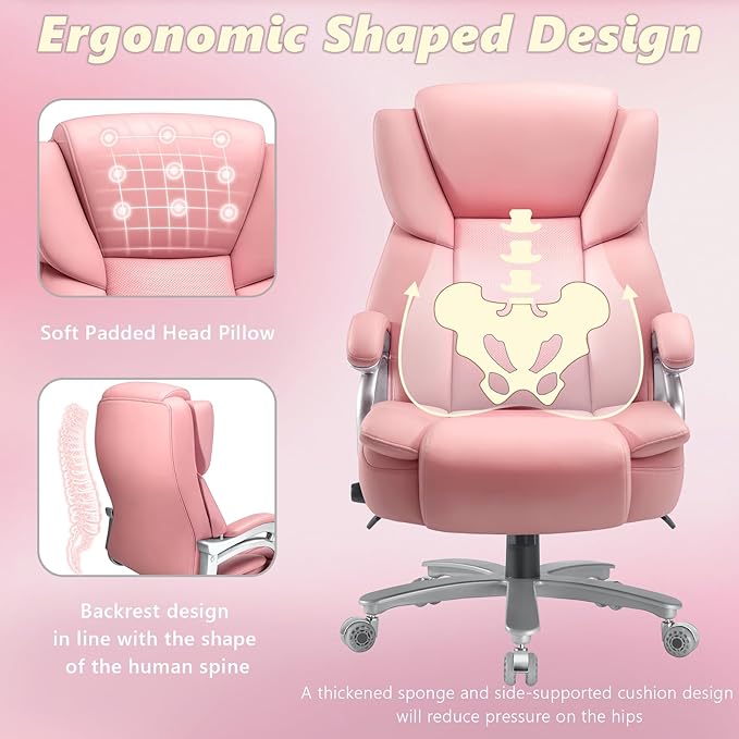 Indulgear Big and Tall Office Chair,500lbs Capacity Heavy Duty Office Chair for Heavy People, High Back Executive Computer Chair with Adjustable Lumbar Support, Quiet Rubber Wheel (Pink)