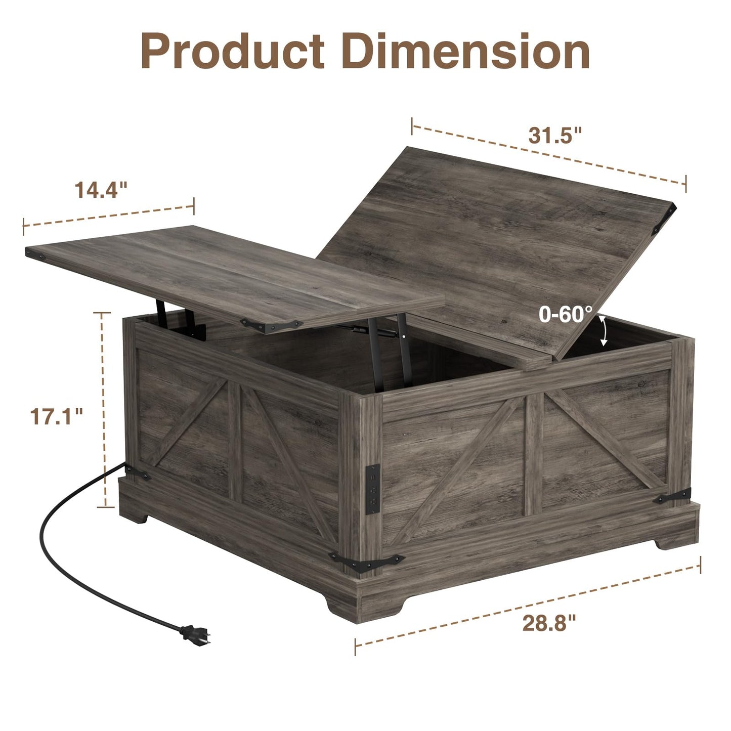Coffee Table with Storage, 31.5" W Farmhouse Lift Top Wood Square Center Table with Charging Station, Rustic Cocktail Tables with Flip Top Lids for Living Room, Home Office, Grey