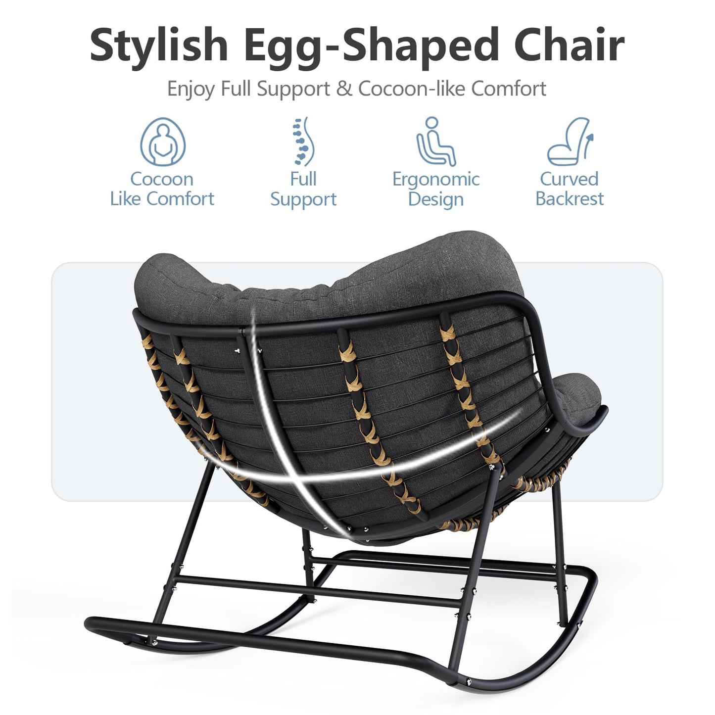 SWITTE Papasan Rocking Chair Outdoor Indoor, Oversized Egg Wicker Rocker with Cushion, Supports 450 lbs, Patio Chair for Balcony or Living Room - Dark Gray