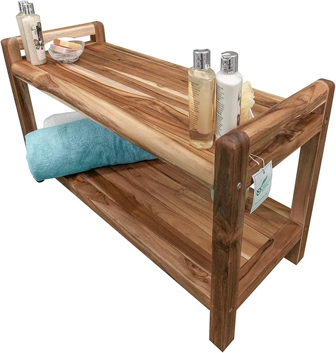 EcoDecors Eleganto 34 Inch Natural Color Waterproof Teak Wood Shower Bench Stool Seat Chair For Inside Shower Provides Safety, Storage, and Organization For Bathroom Accessories