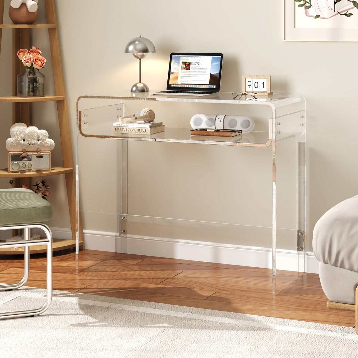 XOHYW Acrylic Office Desk, Modern Laptop Writing Study Table with Open Storage, Transparent Console Table Entryway Table, 33.5" L x 15.8" W x 29.5" H, for Home, Bedroom (Clear)