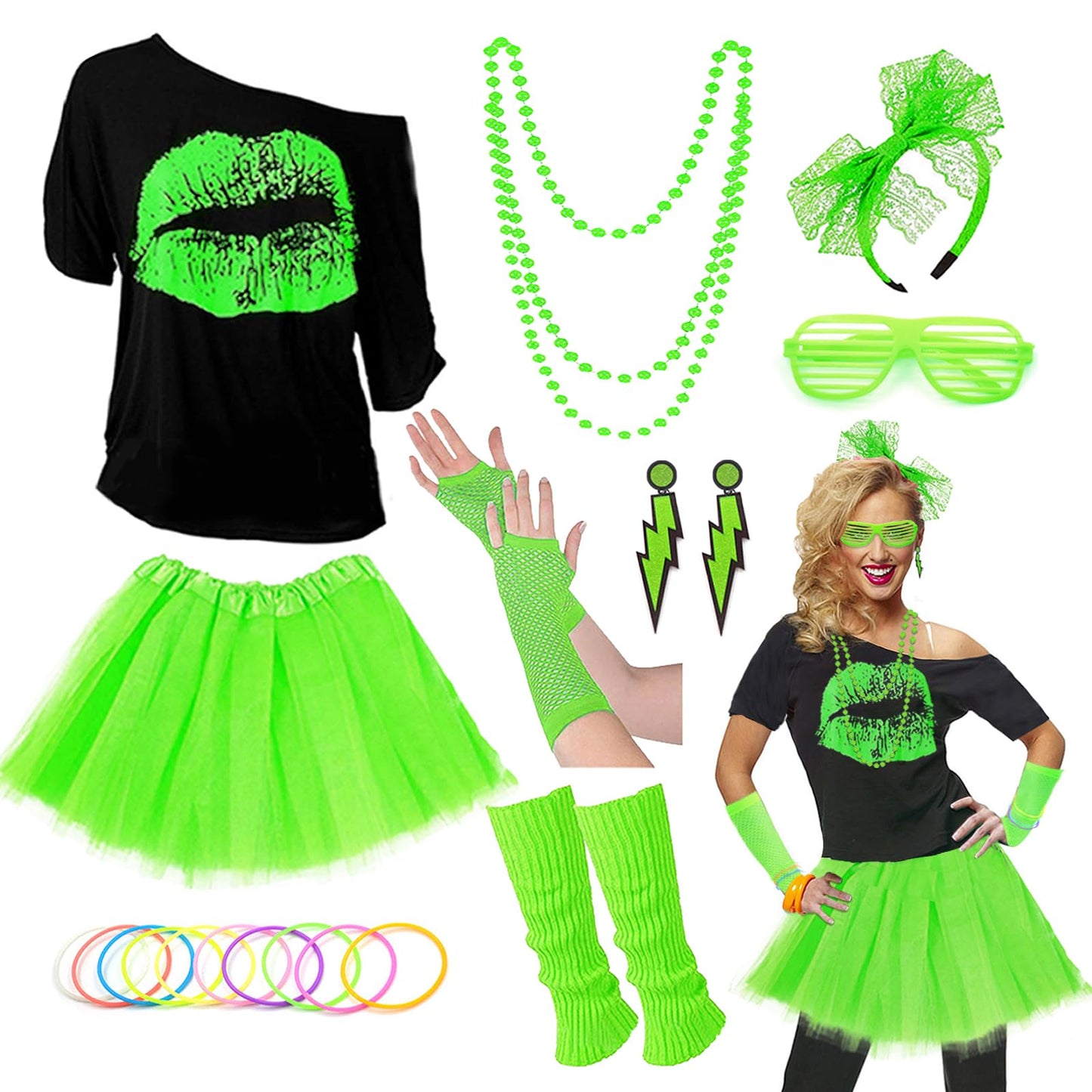 RonFoxi Plus Size 80s Costumes Accessories Setsfor Women,Retro 80s Clothing Green Tutu Skirt T-Shirt for Themed Party(Green-2XL)