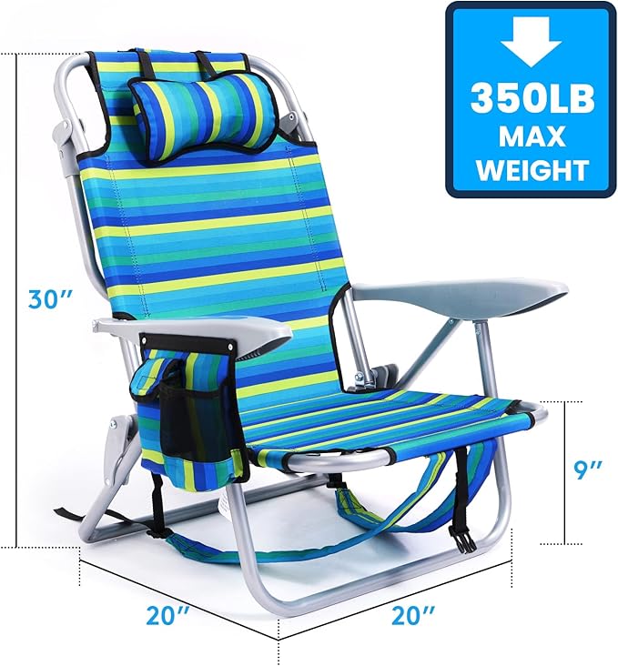 Canpsky Portable Beach Chair for Adults, Outdoor Camping Chair Lay Flat Folding Backpack Beach Reclining Chair with 5 Positions, Headrest, Cup Holder, Heavy Ocean Striped