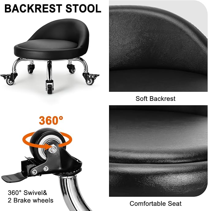 LWADALN Rolling Stool with Backrest Low Height Rolling Stool with PU Leather, Roller Stool Chair, Roller Seats for Home, Office, Garage, Shop, Library
