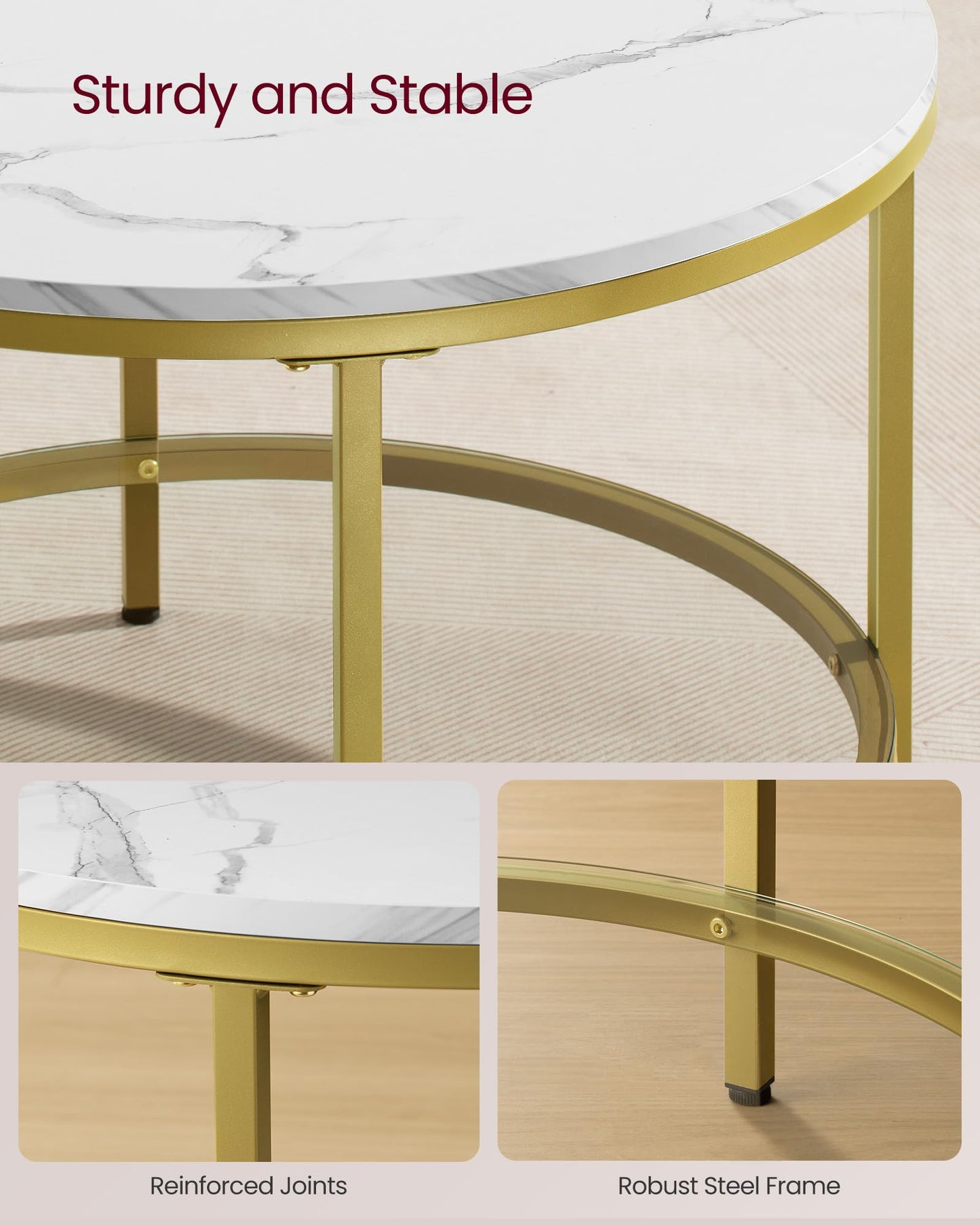 VASAGLE Round Coffee Table, 2-Tier Small Coffee Table with Faux Marble Top and Glass Shelf, Modern Style, for Living Room, 25.6 x 25.6 x 18.1 Inches, Marble White and Pale Gold ULCT072W59