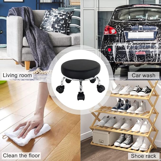 WKWKER Modern Roller Seat PU Leather Low Round Rolling Stool 360° Swivel Small Seat with Universal Wheels Foot Stool for Home Office Garage Shop Fitness Sport H：8.6" （Black）