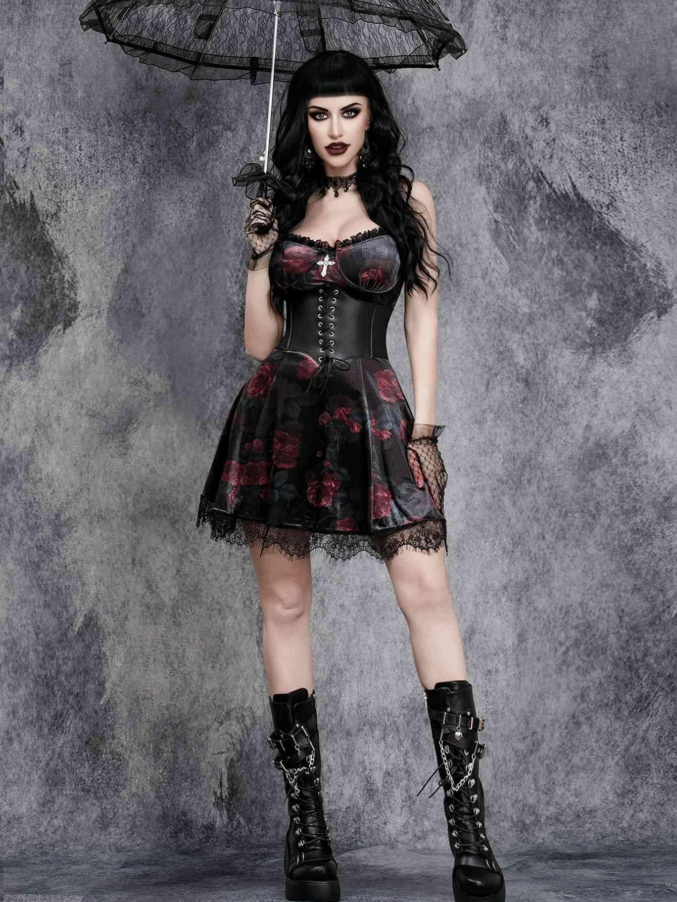 GothDark Vintage Goth Velvet Dress with V Neck Lace Trim Summer Sexy Party Mini Black Dress