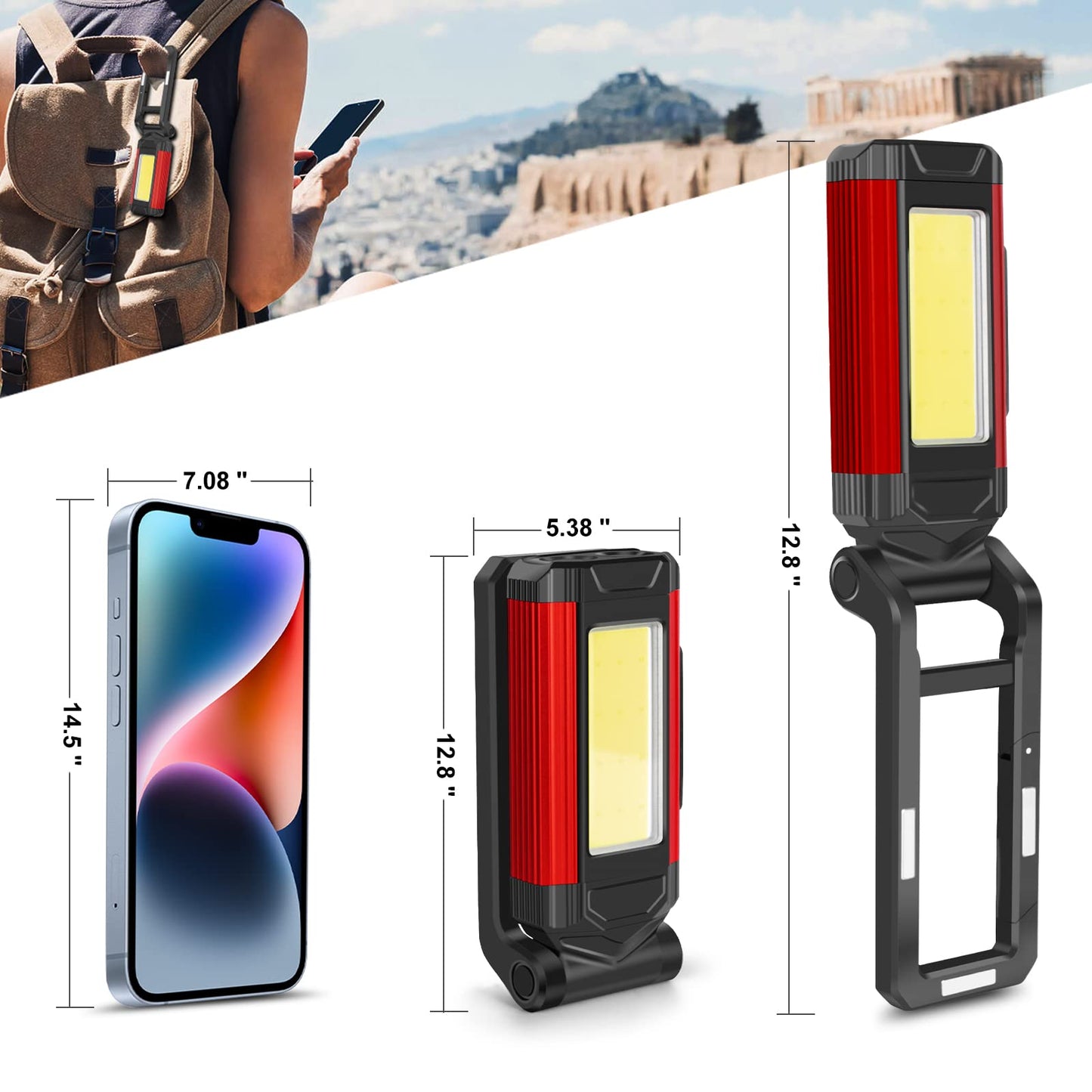 YiaMia Rechargeable LED Magnetic Work Light 2 Pack, Portable Tool Gifts for Men, 7 Flashlight Modes with Kickstand and Carabiner, USB Charging for Camping, Hunting, and Car Repairs (2, Red)