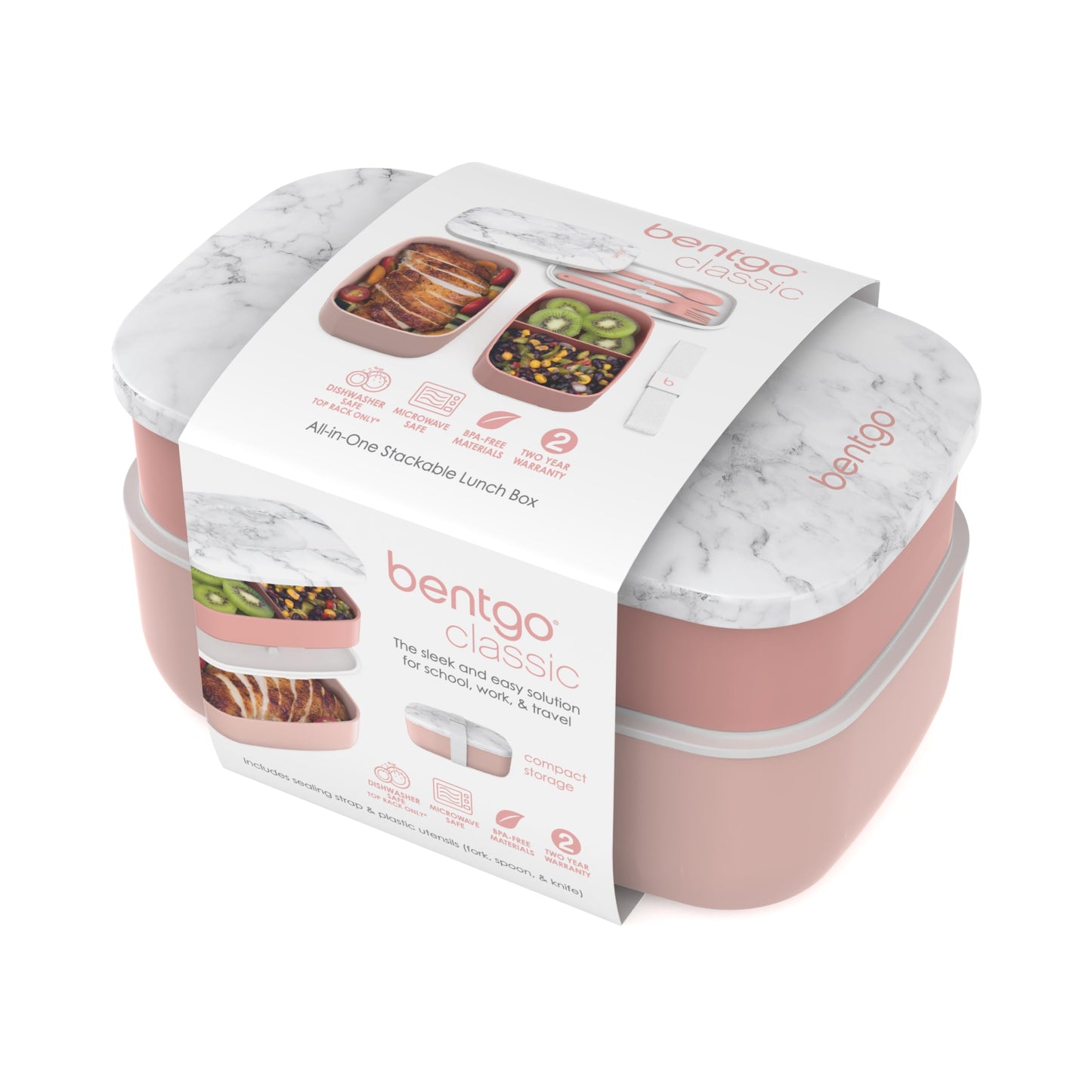Bentgo Classic - Adult Bento Box, Stackable 3-Compartment Lunch Box with Removable Utensil Set and Sealing Strap, BPA-Free, Food Container Ideal for Meal Prep, Work, and On the Go (Blush Marble)