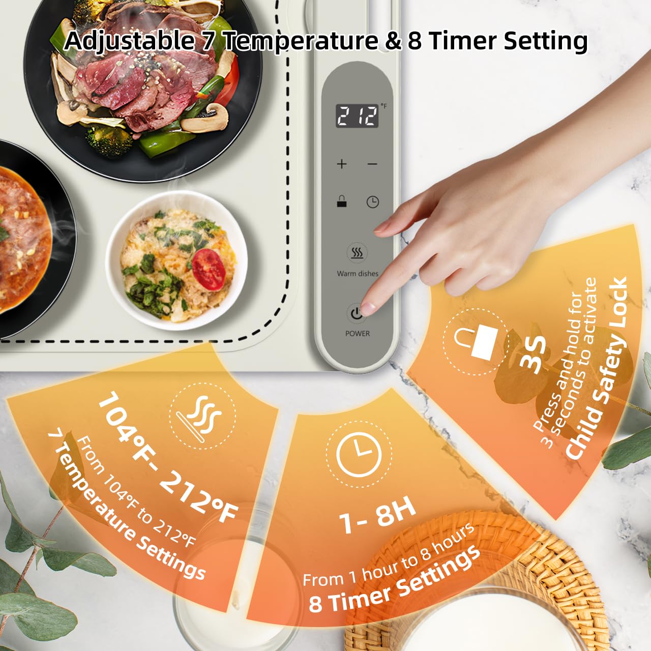 Budsom Food Warming Mat - 8s Fast Heating Electric Warming Tray with 7-Level Temperature & 8-Hour Timer, Roll-Up Portable Food Warmer for Home Dinner, Party, Travel, Outdoor Picnic