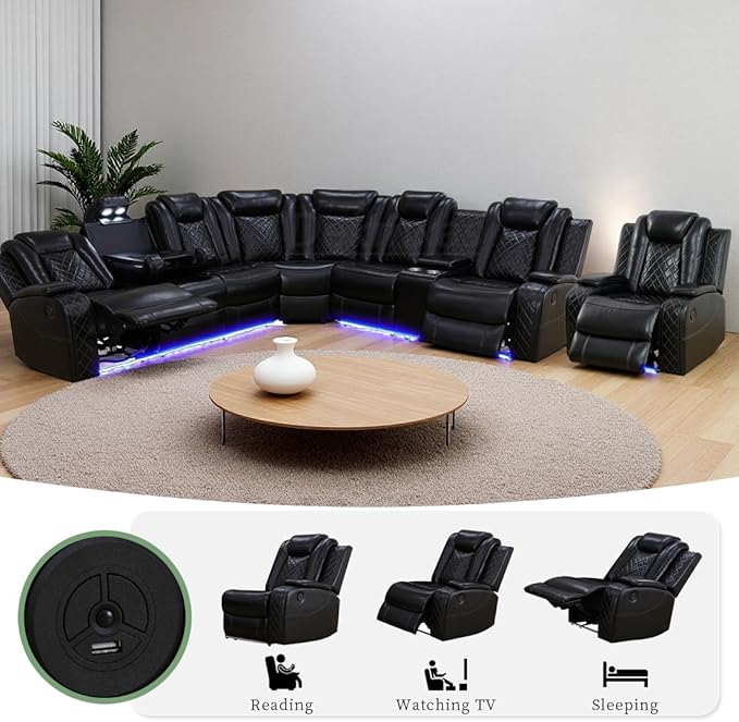 Dekmxas Power Reclining Sectional Sofa, Leather Power Recliner Sofa Set for Living Room, Black Breathing Leather Sectional Reclining Couches Set with LED Light/Cup Holder/USB Port for Home Theater