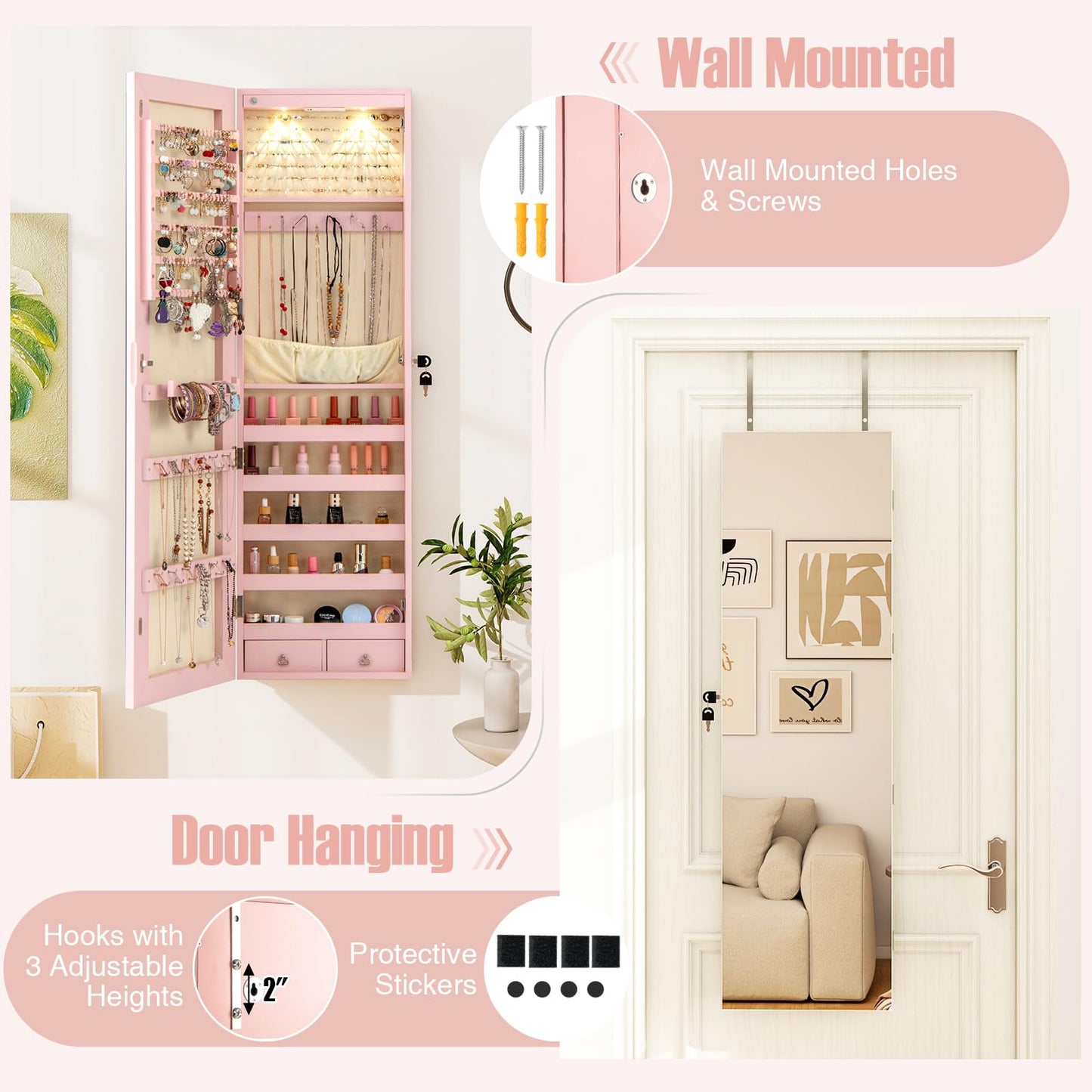 Moccha Wall Door Jewelry Armoire, 47.5" H Full Length Mirrored Jewelry Cabinet with 2 LED Lights and 2 Drawers, Lockable Jewelry Cabinet, Jewelry Organizer Storage for Bedroom, Pink