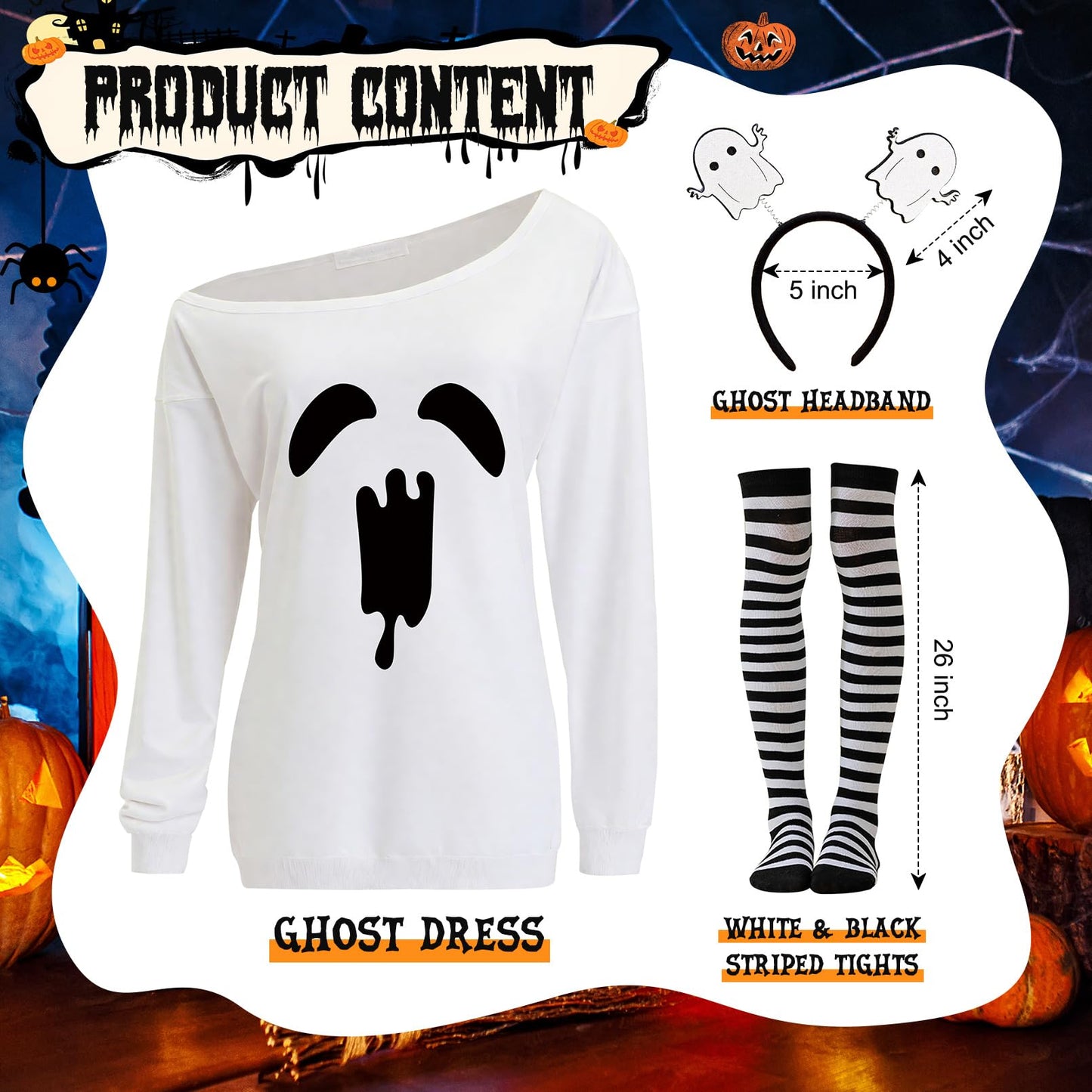 Brikabia Ghost Costume Halloween Costume for Women Ghost Dress Headband Striped Tights for Halloween Cosplay Party Outfits