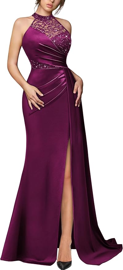 Miusol Women's Sexy Halter Sequin Lace Satin High Split Ruched Style Evening Party Maxi Dress