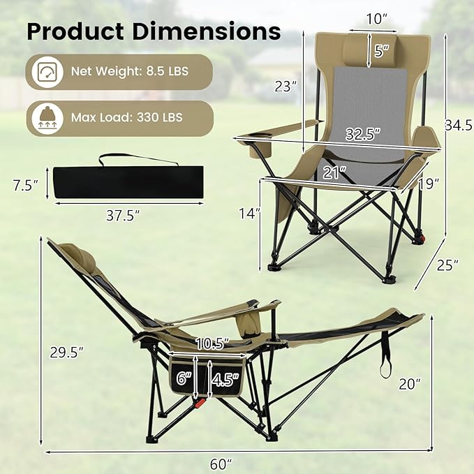 GYMAX Reclining Camping Chairs with Footrest, Lightweight Foldable Camping Chairs with Cup Holders, Adjustable Backrest, Headrest, Heavy Duty Camp Chair for Adult Outdoor Fishing Beach (Khaki,1)