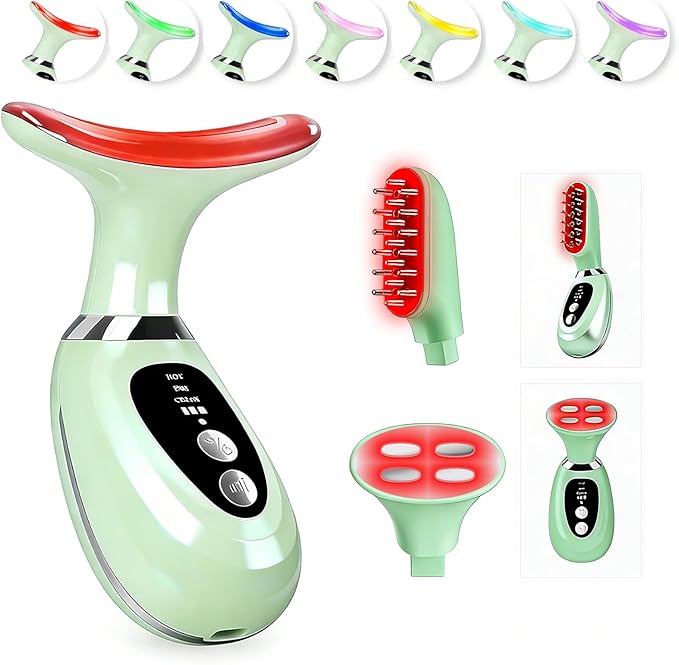 Multi-Functional-Red-Light-Therapy-for-Face and Neck-Eye-Head Massager,7 Colors Skin Rejuvenation Lifting Facial Massager for Toning,Glow Boost，Wrinkle&Dark Circle Reducer (Green)