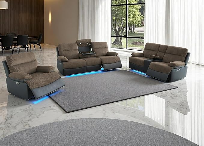 Toseslo Power Recliner Sofa Set with LED Light, 3-Piece Fabric Reclining Sectional Couches, Living Room Furniture Sets, Reclining Sofa with Cup Holders/Storage Console for House(Brown Grey)