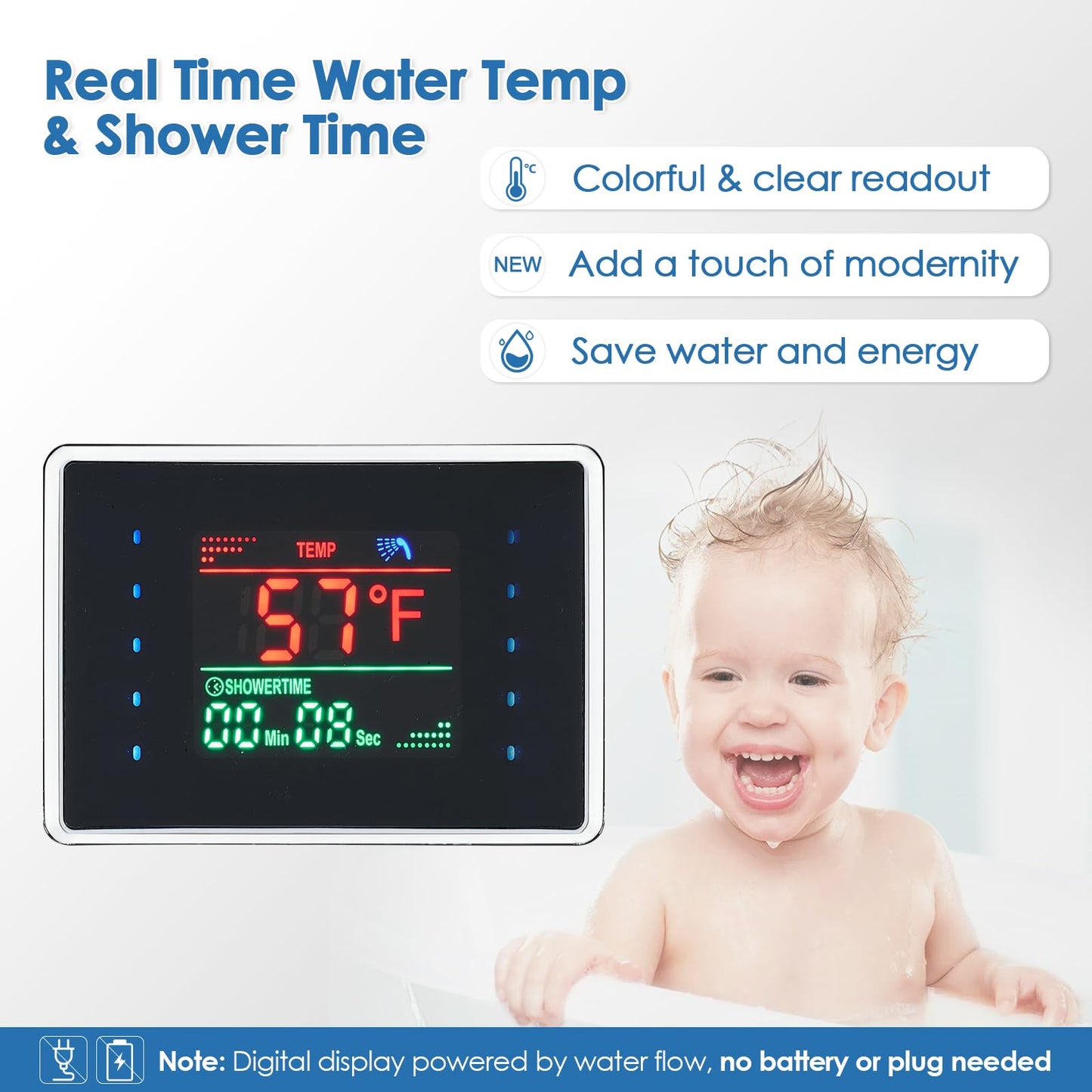 ROVOGO Shower Panel Tower System with LED Lights - No Battery Needed, Shower Column with Rainfall Waterfall Shower, Body Jets, Handheld Shower, Tub Spout and Temp Display, Black