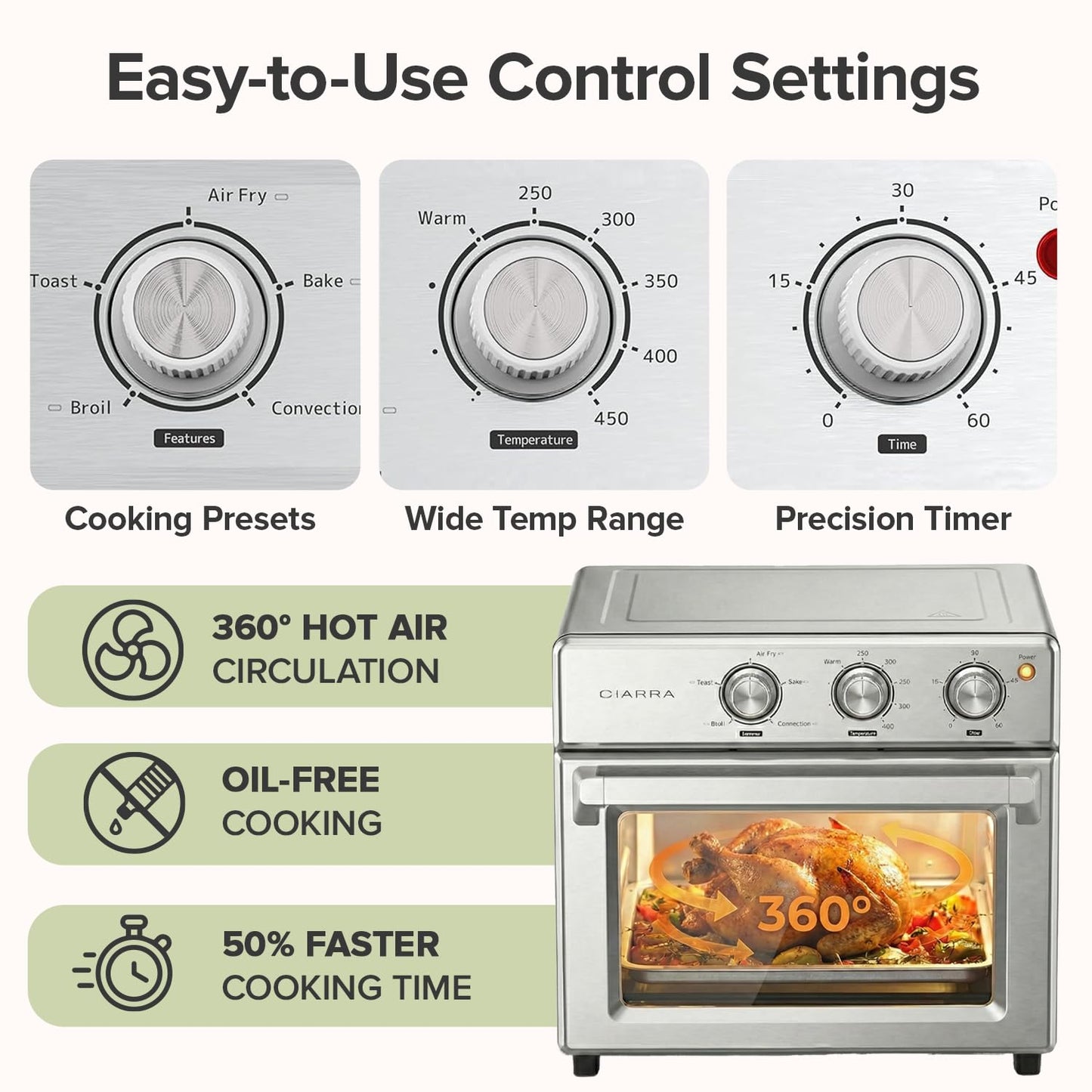 CIARRA CATOSMC01 Oil-Less Countertop Convection Oven, 6-in-1 Compact Air Fryer & Convection Toaster Oven with Rapid Heat & Adjustable Temp & Timer, Kitchen Essentials for Pizza & Rotisserie Chicken