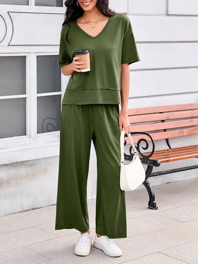 Tankaneo Womens 2 Piece Sets Casual Tracksuits Short Sleeve Tops Wide Leg Pants Outfits Lounge Sets