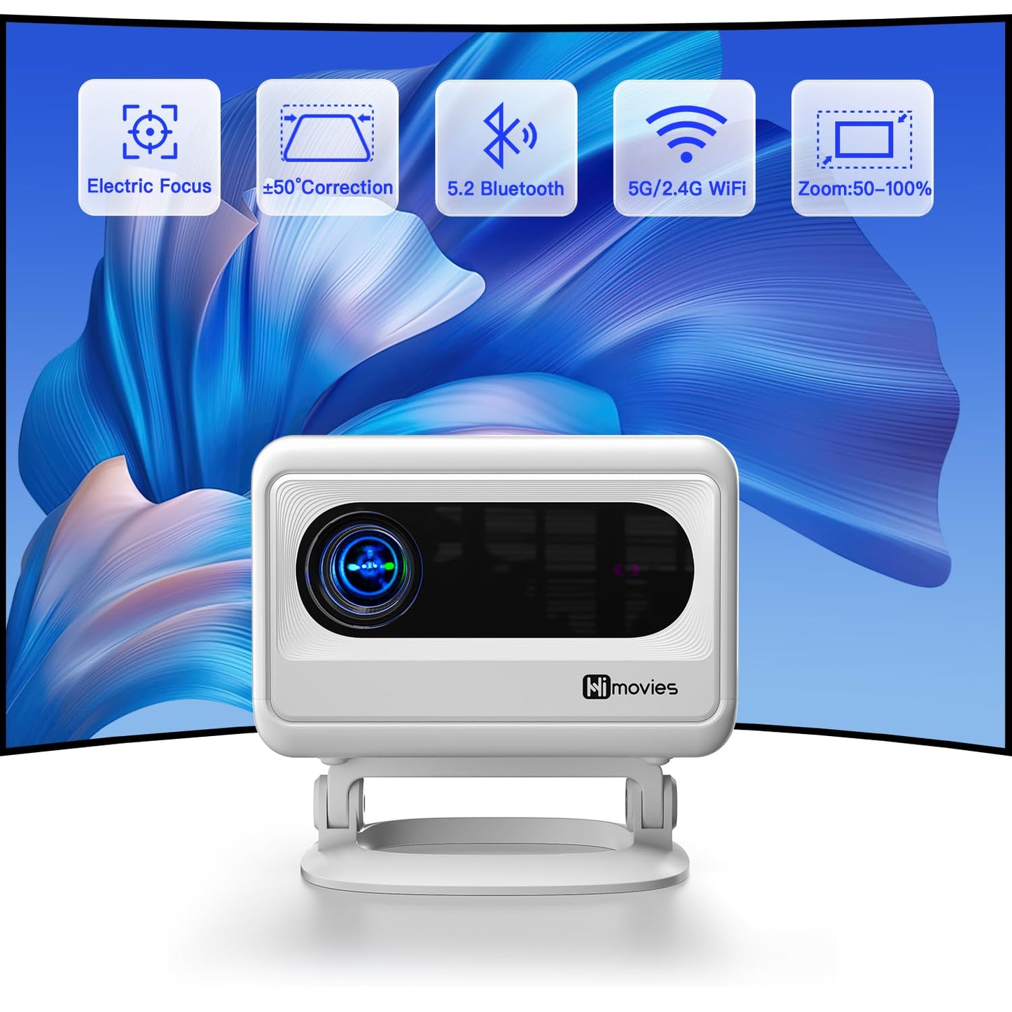 [Electric Focus] Himovies Projector, Mini Projector with WiFi and Bluetooth, ±50° Vertical Keystone Portable Projector with Stand, FHD 1080P Movie Projector for Smartphone/TV Stick/HDMI/USB