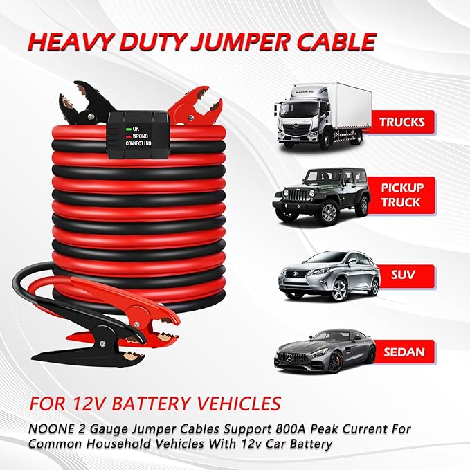 NOONE Heavy Duty Jumper Cables - 2 Gauge 20 Feet 800Amp Automotive Booster Cables with Smart-6 Protector for Jump Starting Dead or Weak Batteries (2AWG x 20Ft)