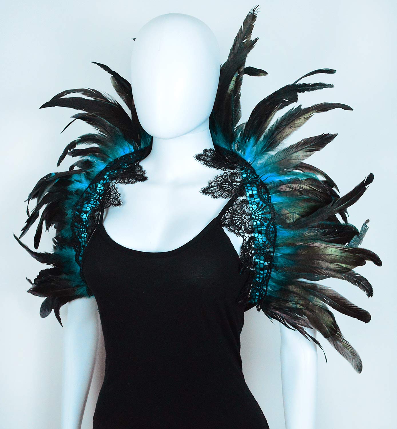 L'VOW Black Crow Feather Cape Shawl Stand Up Collar Halloween Devil Wings Witch Costume (Acid blue)
