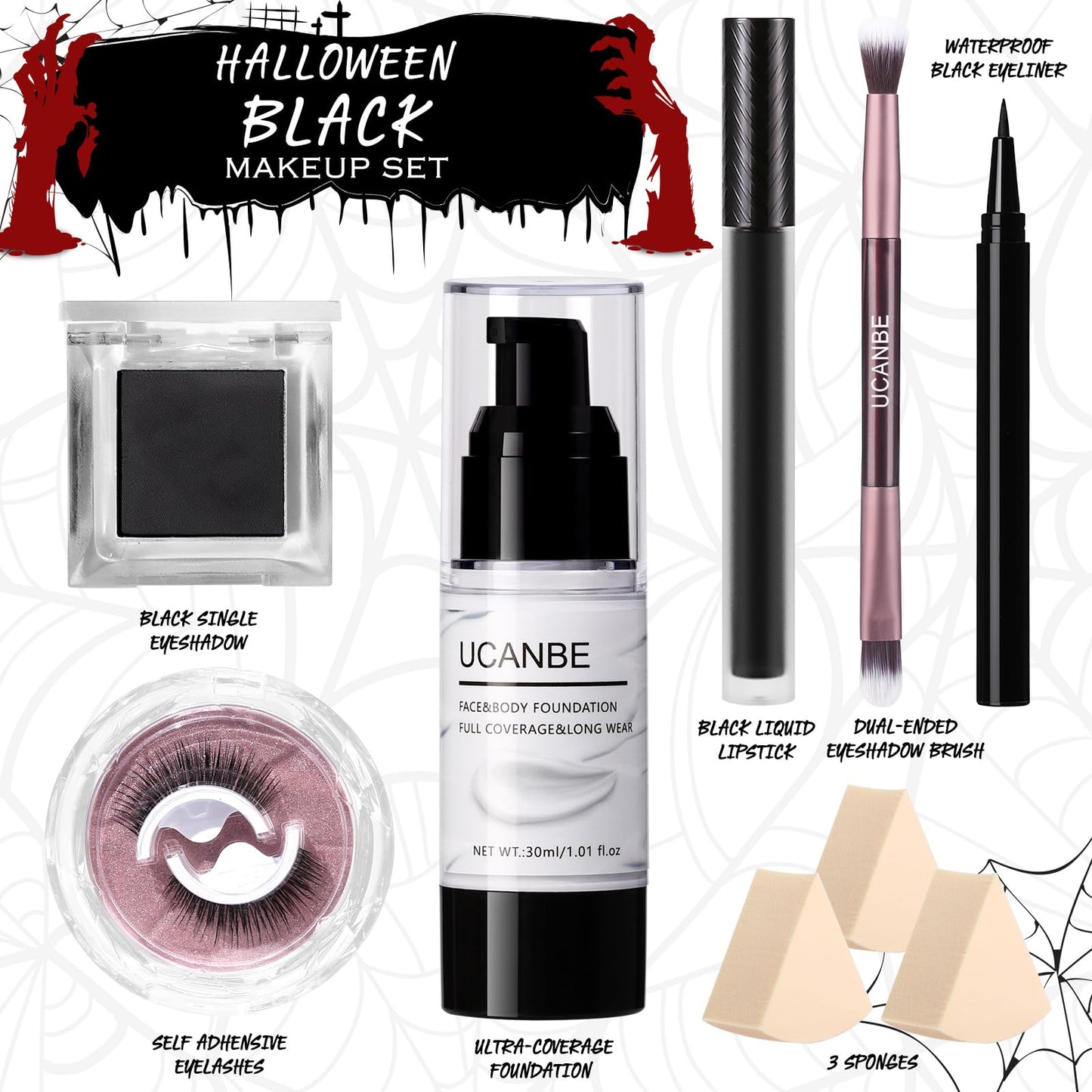 UCANBE Black Halloween Makeup Kit - Skeleton Skull Vampire Gothic Makeup Set for SFX Cosplay Costume -Eyeshadow, White Foundatio
