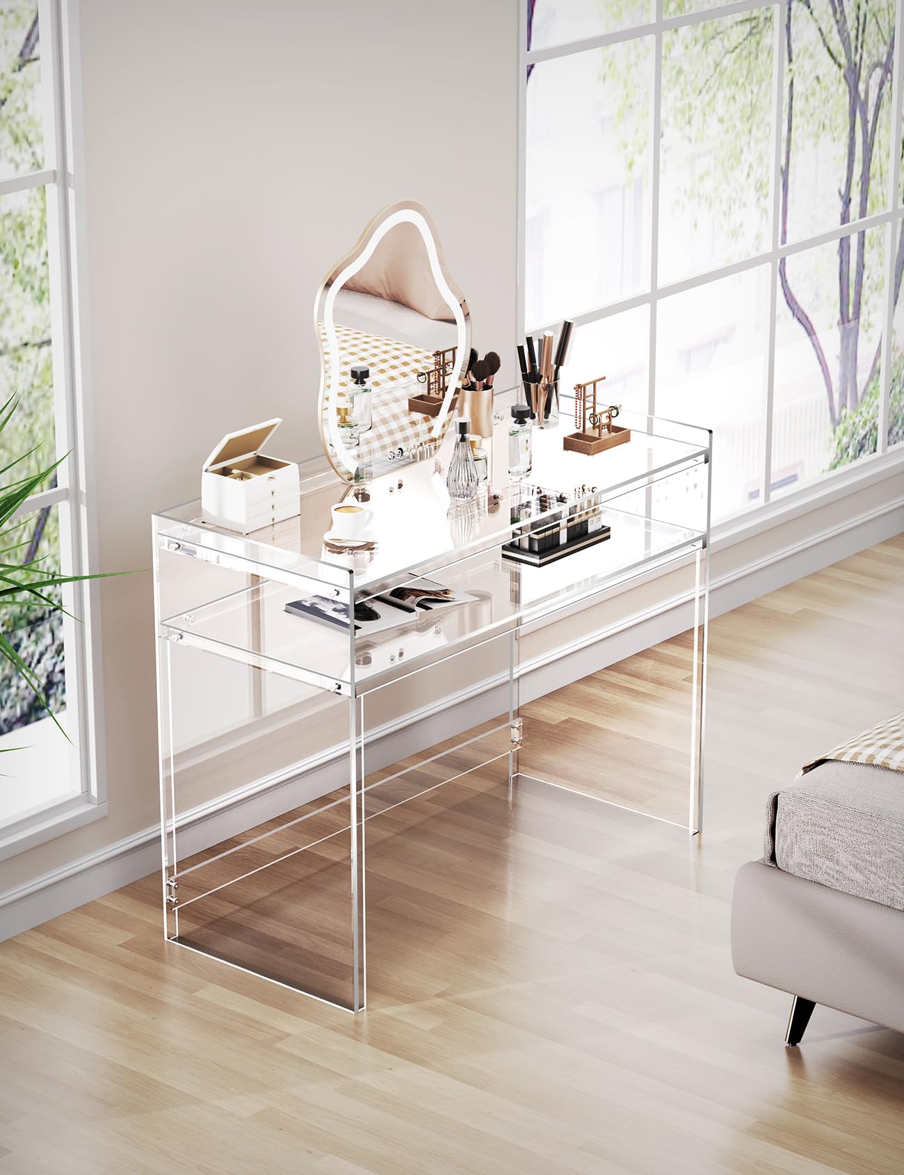 Acrylic Vanity Clear Desk Make Up Table with Storage Shelves 17.7" D x 39.4" W x 31.5" H （Without Mirror ）