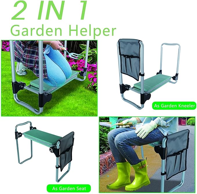 LUCKYERMORE Garden Kneeler and Seat, Kneeling Bench with Tool Pouch and EVA Foam Pad, Foldable Gardening Stool, Gardening Gifts for Parents Seniors, Lightweight & Heavy Duty