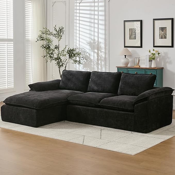 YAAREE 105.6”L Shape Modular Sectional Couch for Living Room, Modern Cloud Sectional 3 Seat Sofa with Oversized Chaise, Woven Texture Upholstery Boneless Couch (Black, Left Facing Chaise)