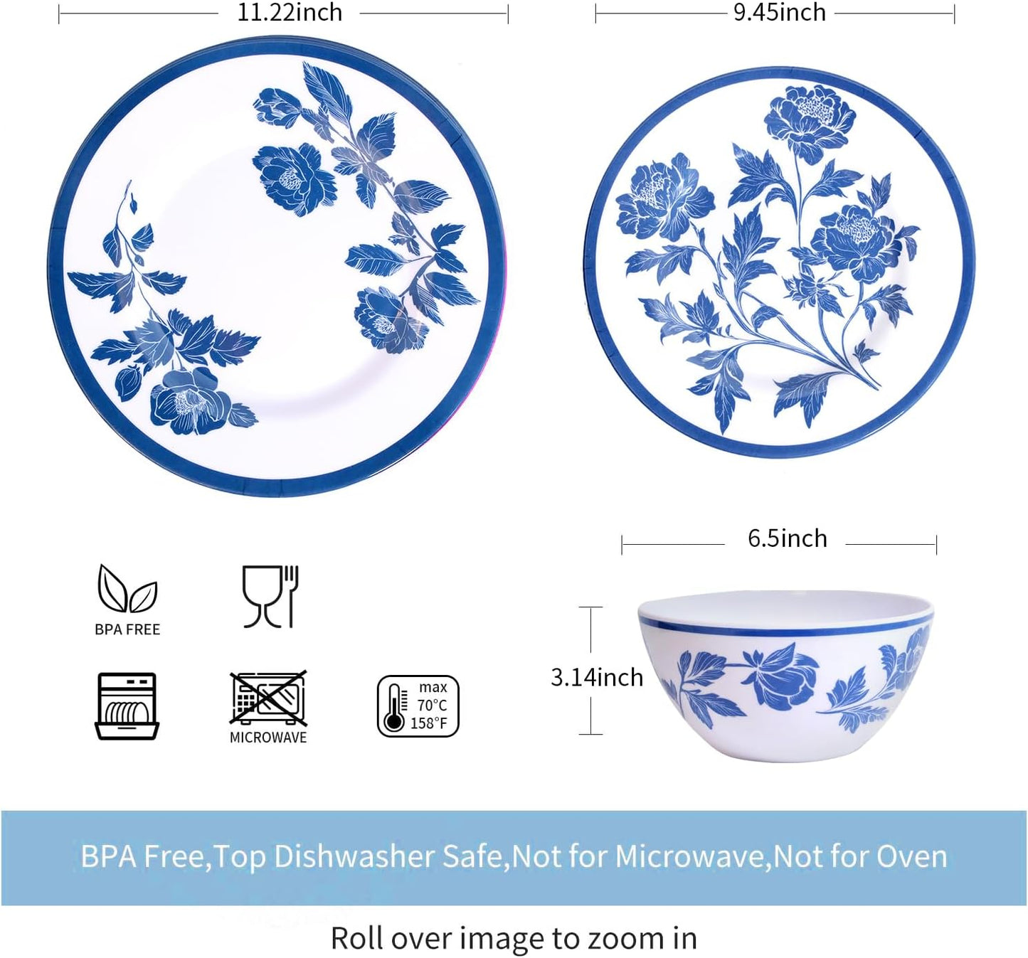 Melamine Dinnerware Set 12-Piece for 4 Dish Set Plates Bowls Unbreakable Dishware for Indoor Outdoor Use Lightweight Durable for Camping Picnics Parties Dark blue